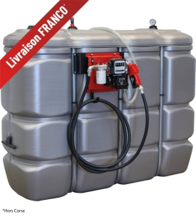 Cuve de stockage gasoil PEHD 2000L double paroi avec station à gasoil 230V 60 l/min et pistolet automatique/compteur/filtre