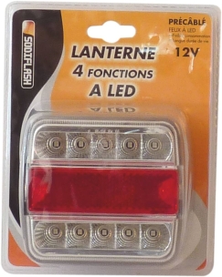 Feu arrière carré LED 12V 4 fonctions cabochon transparent - blister