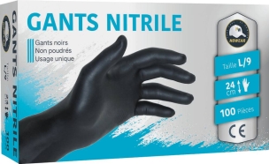 Gants jetables ambidextres nitrile 240mm noir T9 - Lot de 10 boîtes de 100 pcs